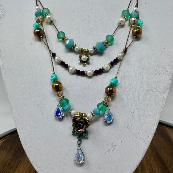 Betsey Johnson Teal Patina Pirate Skull Flowers 3 Tier Chain Necklace - Picture 2 of 4